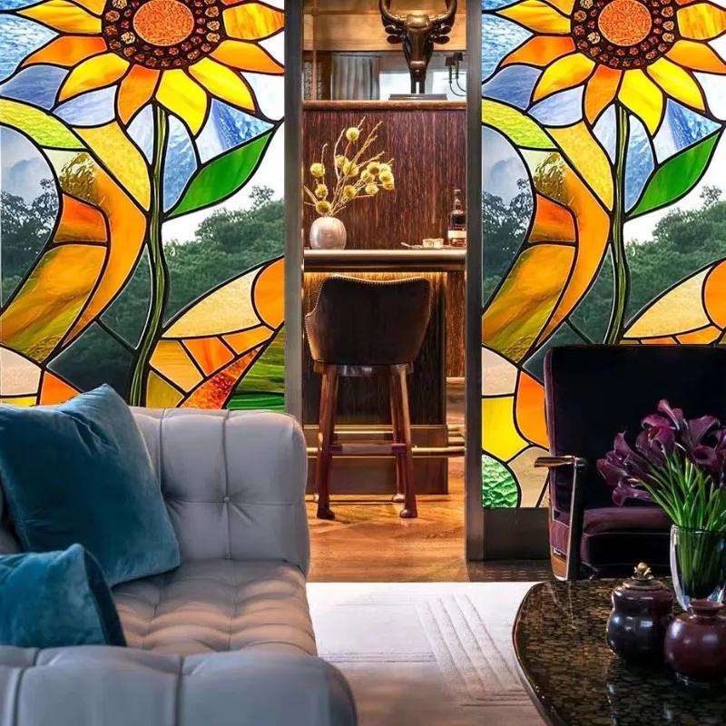 Free Art Painting Privacy Protection Window Film Stained Glass Stickers Sunflower Glass Film Electrostatic Frosting Adhesive