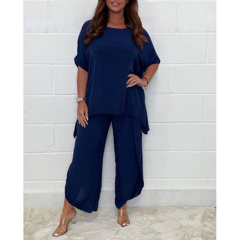 

Solid Color round Neck Long Pants Set Solid Color round Neck Short Sleeves Pants Suit Female Navy blue S
