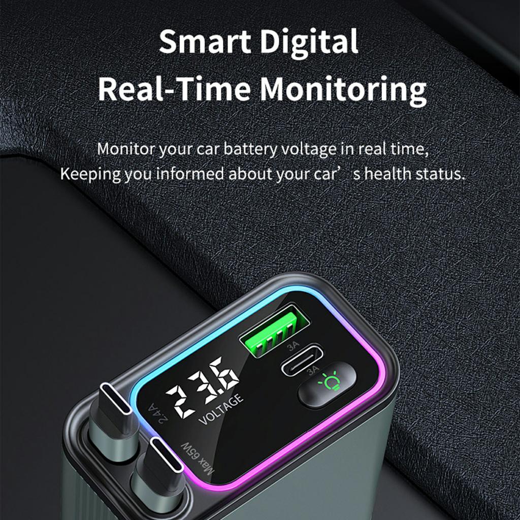 Încărcător auto GC08A, adaptor de încărcare rapidă cu afișaj de tensiune și lumină ambientală, cu cabluri retractabile duale de tip C