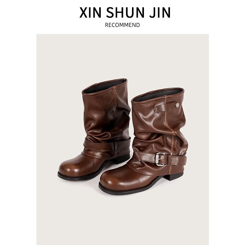 Autumn New Western Cowboy Boots Women's Pleated Pile Martin Boots Brown Retro Fashion Thick Heel Pants Boots