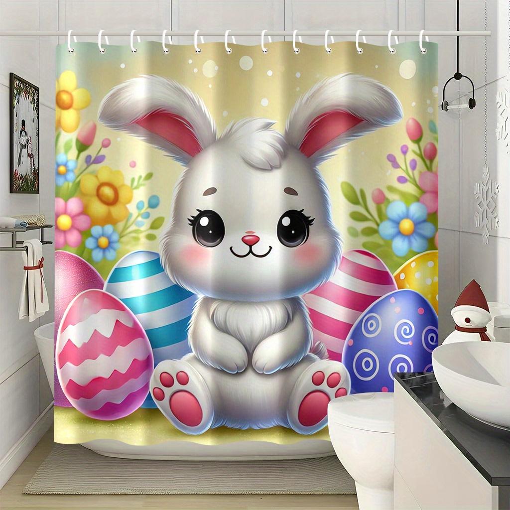 "Cute Easter Bunny Shower Curtain - Colorful Eggs & Spring Flowers, Festive Cartoon Animal Bathroom Decor"