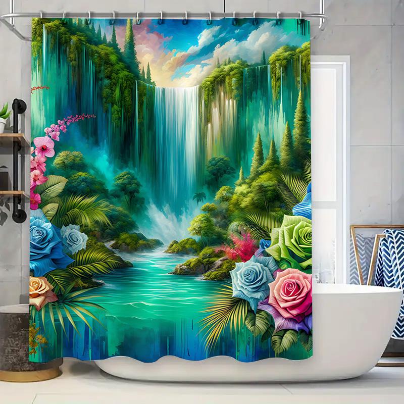 Tropical Paradise Shower Curtain Greenery Waterfall Bath Decoration with Flower Design for Bathroom Decorations Waterproof Fabri 90x180cm