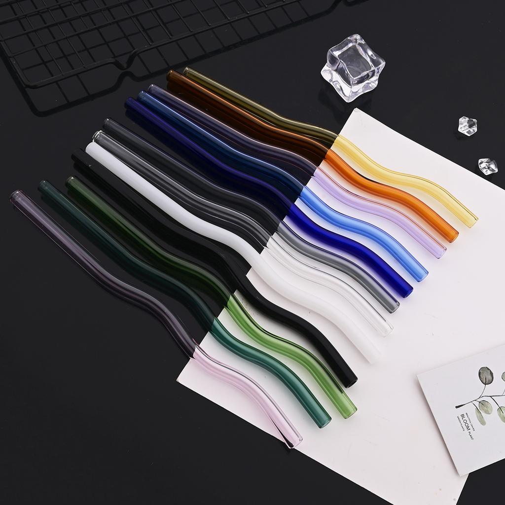 Wavy Glass Straws 11pcs Multicolor Reusable Glass Drinking Straws with Black Pouch for Drinking Beverages Coffee Milk Tea