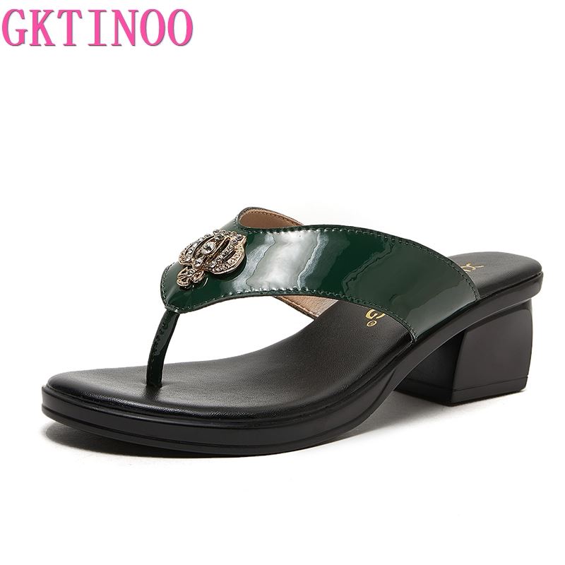 Fashion GKTINOO 2025 Summer Women Slippers Patent Leather Slides Shoes Thick Heels Beach Sandals Women Outside Fashion Flip Flops
