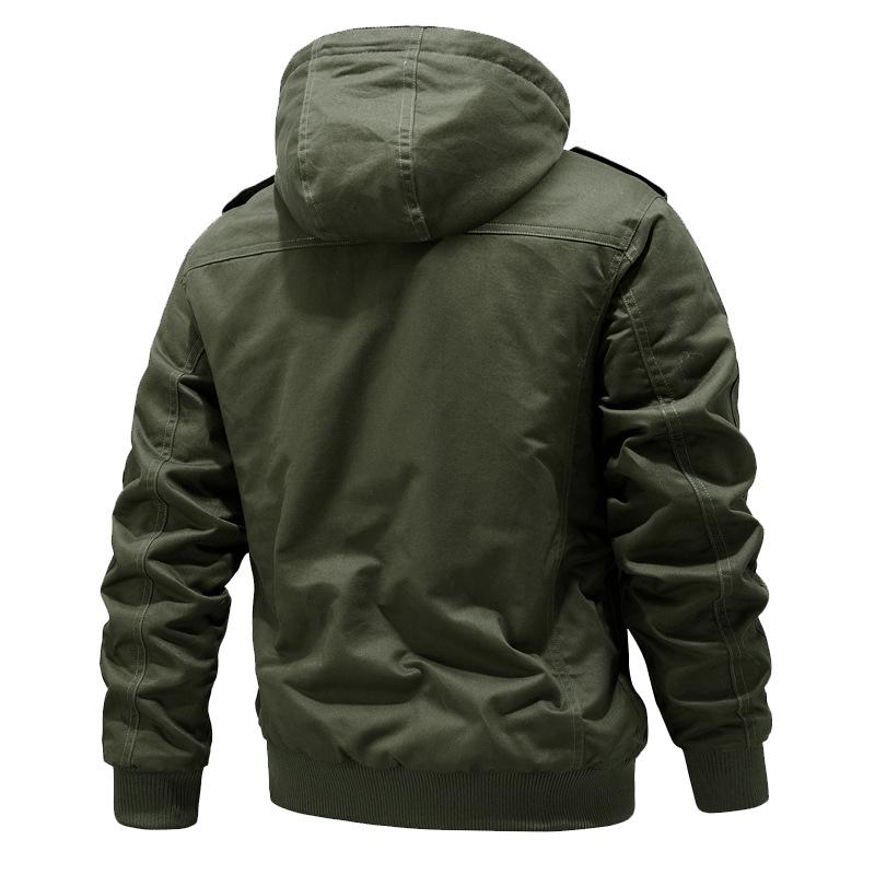 Men's Hooded Military-Style Washed Cotton Jacket with Velvet Lining