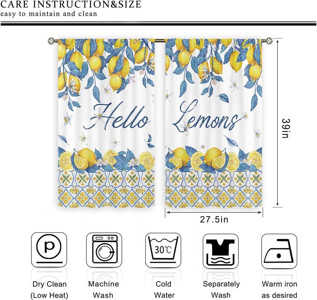 Rustic Lemon Kitchen Curta, Farmhouse Yellow Fruit Drapes With Blue Leaves, Rod Pocket Retro Summer Window Panels