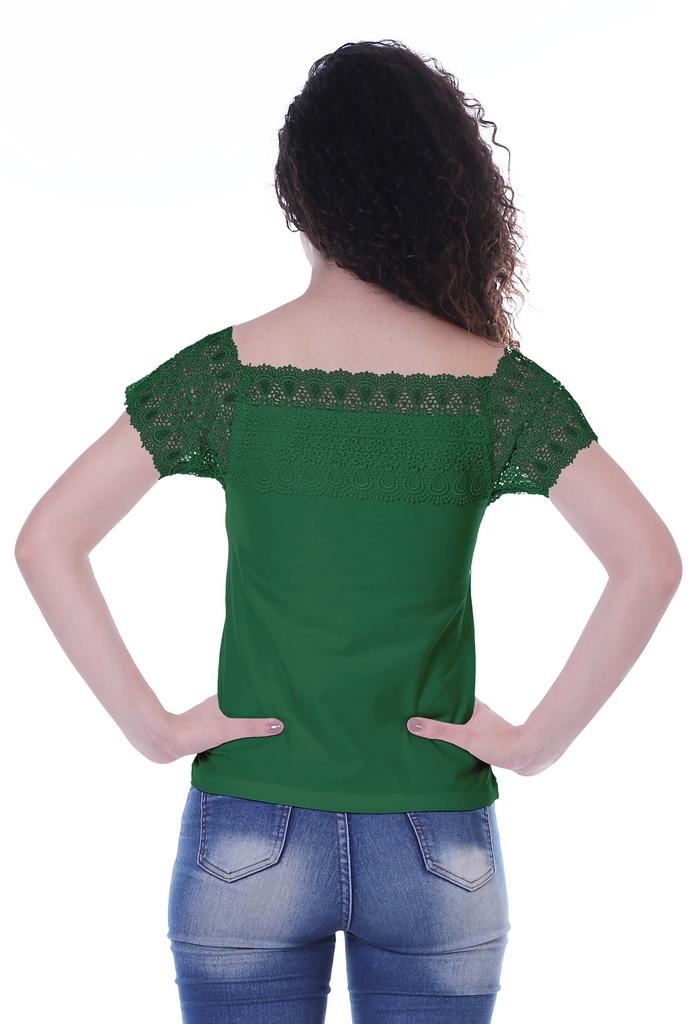 Moomaya Lace Sleeve Tops For Women Plain Boat Neck Tee Shirt