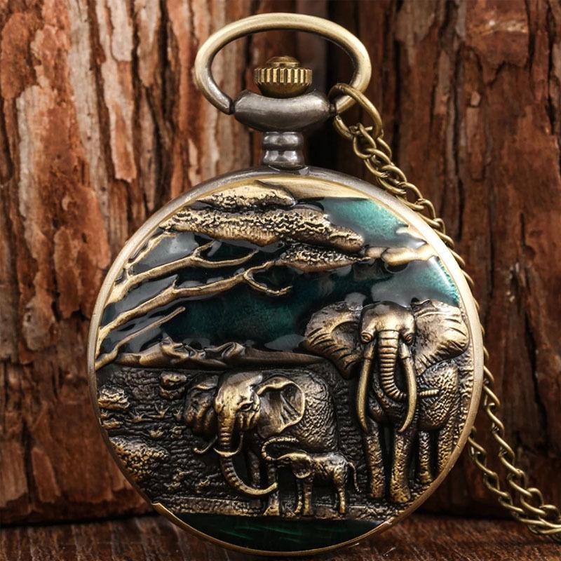 Античная бронзовая журавль слон животное кварцевые карманные часы аналоговые часы круглый циферблат бронзовый