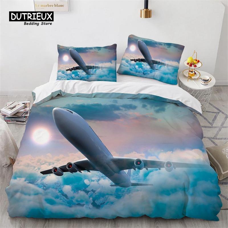 Boys Airplane Duvet Cover King Queen Polyester Aviation Aircraft Runway Bedding Set Sky Scenery Bedspread Cover with Pillowcase Gift