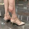 Women's Shoes  Summer Sandals Pointed Toe Patent Leather Rivet Buckle Sandals Stiletto Beige Khaki Red All-match High Heels