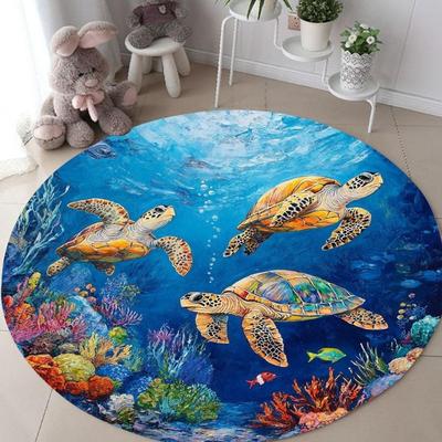 Underwater World Round Rug Ocean Theme Turtle Print Colorful Coral Pattern Carpet Art Illustration Non-Slip Kid's Room Floormat