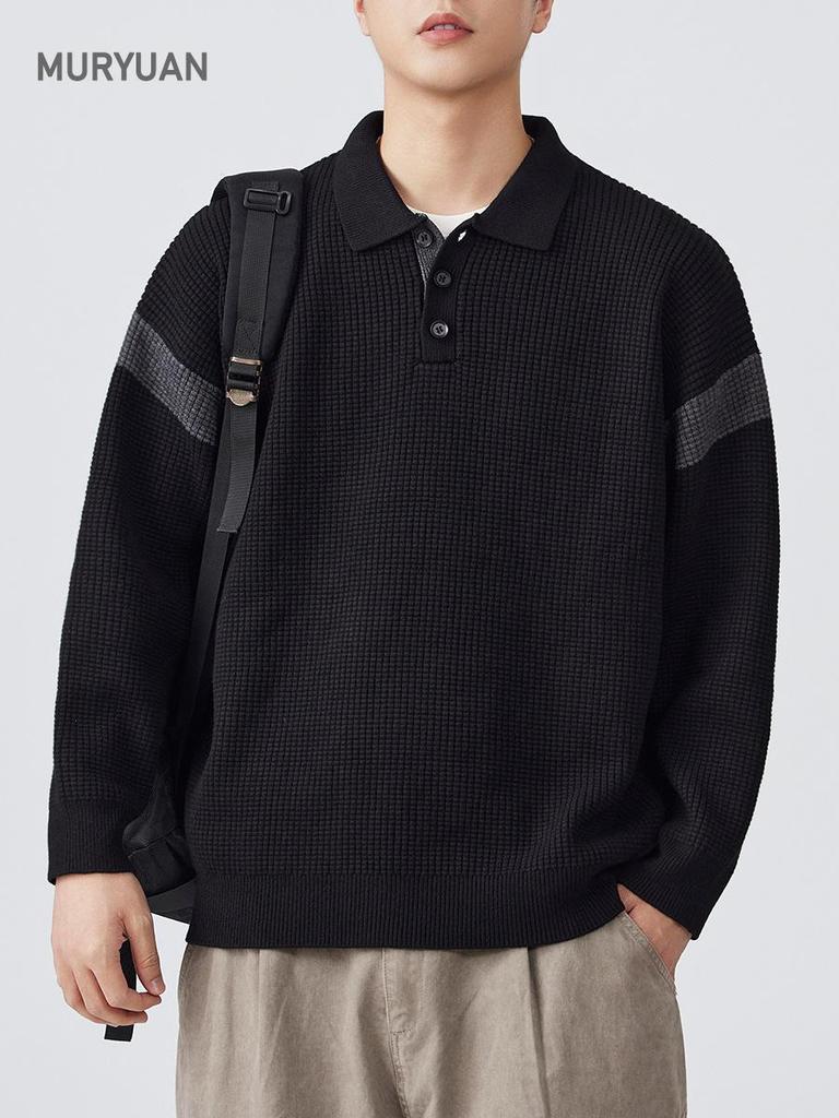Mu Yuan Men's Retro Autumn/Winter Knit Polo Sweater - American-Style Casual Top