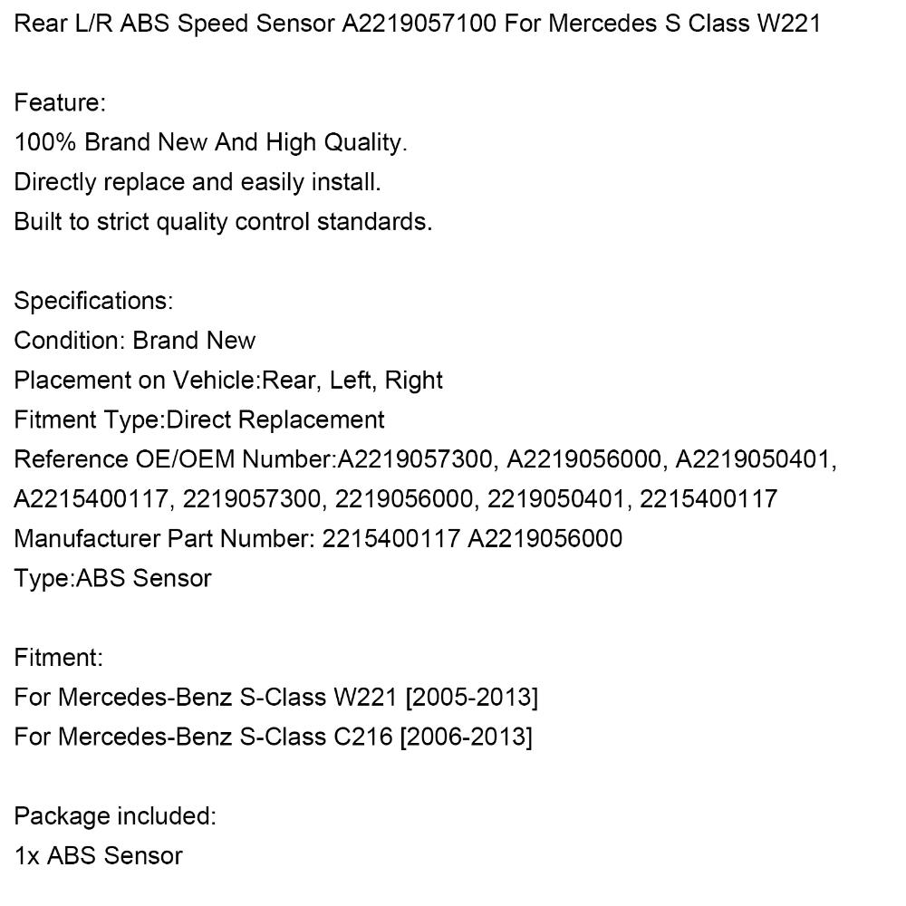 Areyourshop Rear L/R ABS Speed Sensor A2219056000 For Mercedes S Class W221