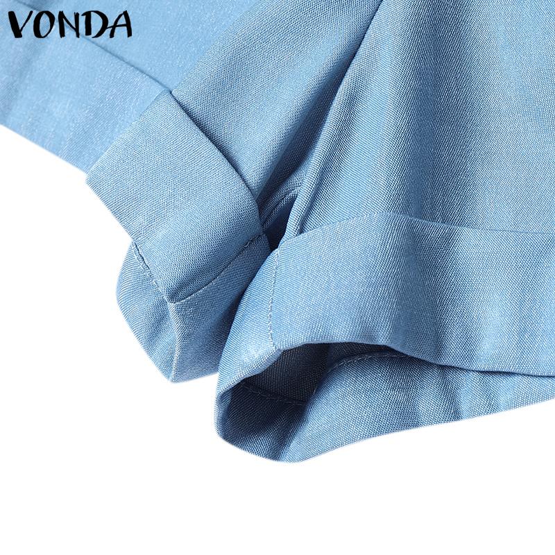 VONDA Women Summer Lapel Neck Sleeveless Buttons Elastic Waist Casual Jumpsuits Rompers