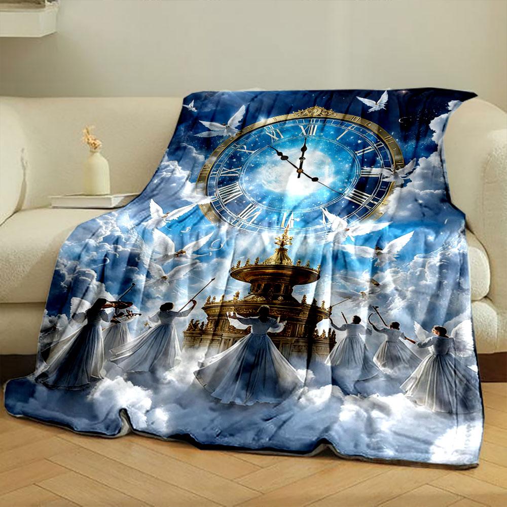 Angel Clock Cloud Printed Blanket  Printed Blanket for Living Room Bed Couch lunch break Soft Cozy Blanket for Friend's festival Gift