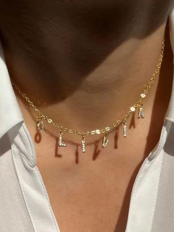 Necklace Personalized Zircon 26 Capital Letter Stainless Steel Choker Necklace Pendant Nameplate Jewelry Gift Gold Color