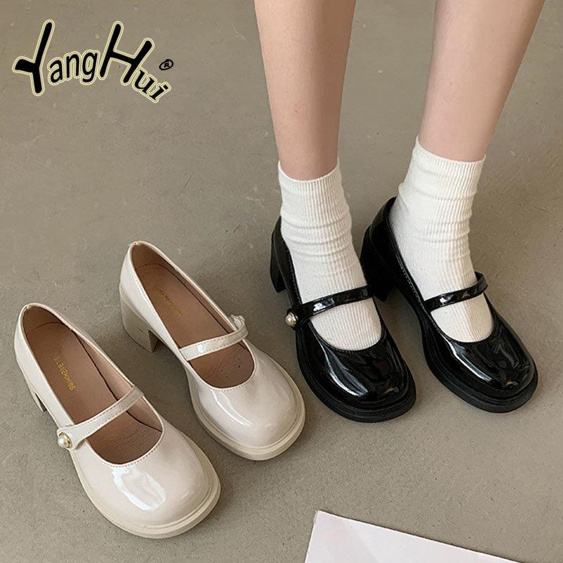 Fashion British Style Retro Mary Janes 2024 Fashion All-match Casual Pearl Accessories Round Toe Coarse Square Heel Pumps Spring Summer