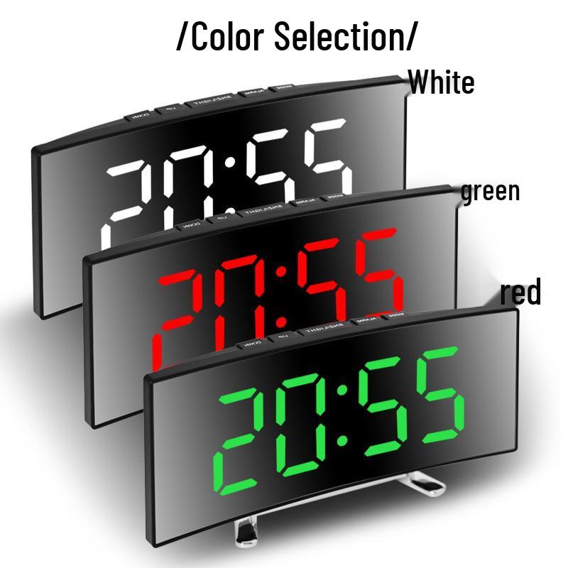 Creative Curved LED Mirror Alarm Clock with Large Display - Silent Smart Desktop Clock for Students
