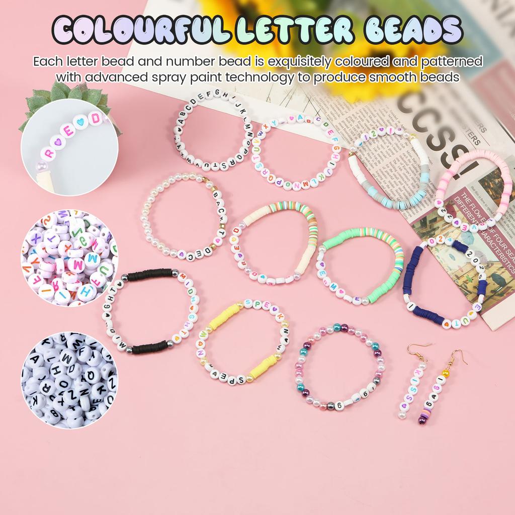 2800Pcs Letter Beads Kit with Bead Strings A-Z Alphabet Beads Round Number Beads Heart Beads Friendship Bracelet Making Beads