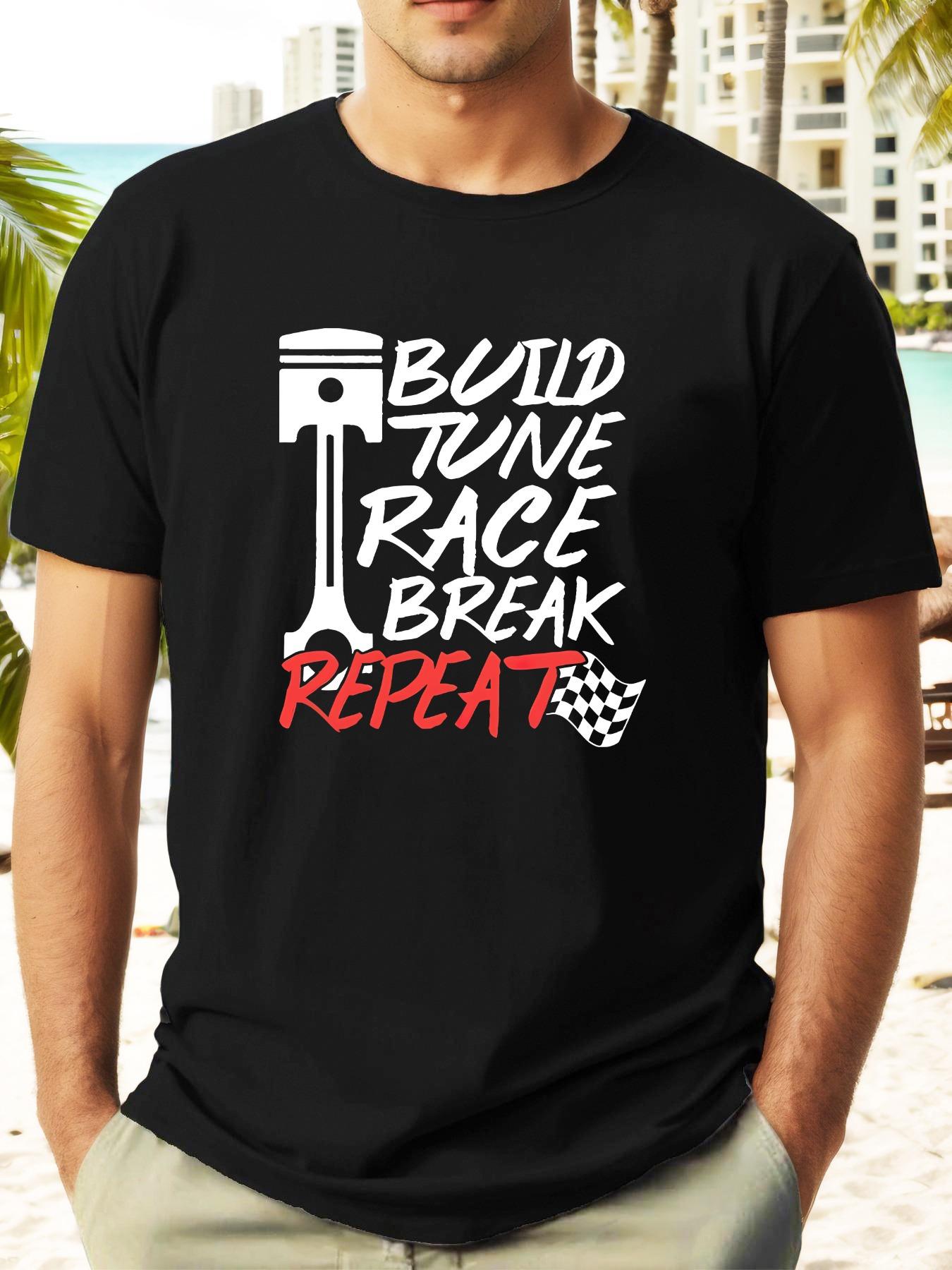 Build Tune Race Break Repeat  Graphic T-shirt - Casual Summer Cotton Tee with Checkered Flag Design S