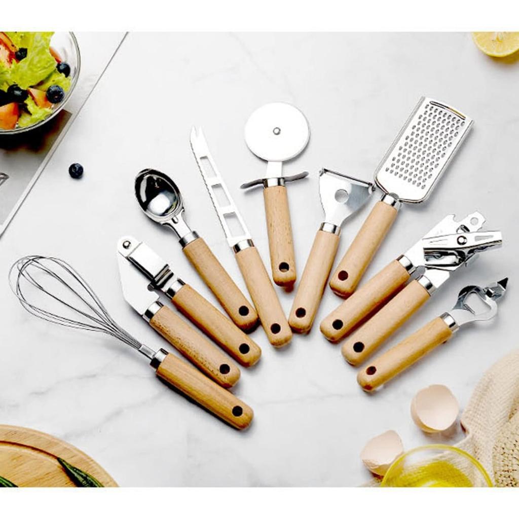 9 Pieces Kitchen Gadget Set with Wooden Handle, Stainless Steel Kitchen Tools Bottle/Can Opener Pizza Cutter