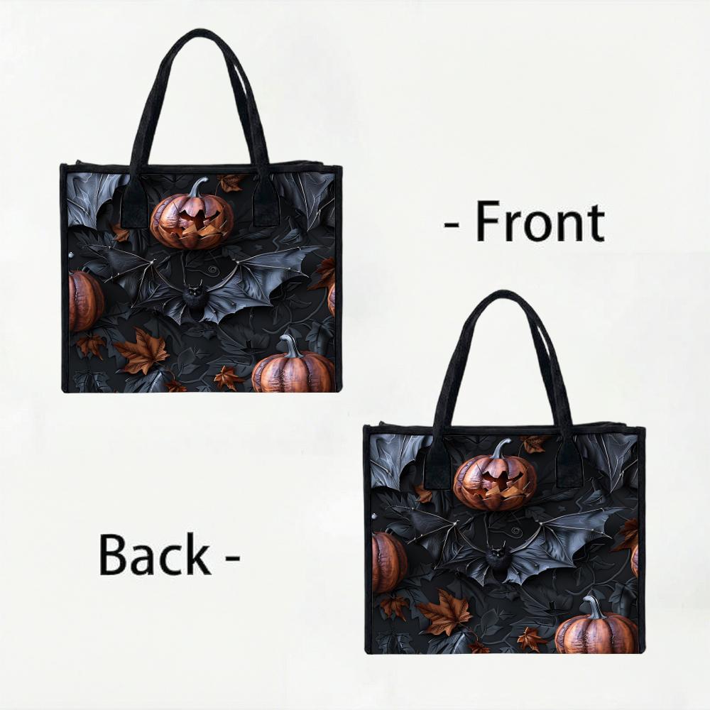 Halloween Pumpkin Bat Pattern Tote Bag Fashion Portable Daily Use Handbag 