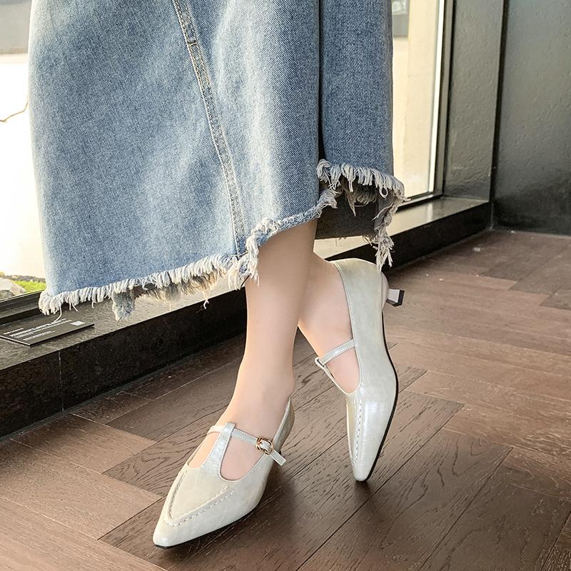 Fashion Elegant Pointed Toe Mary Jane Shoes Women's Spring Autumn New Style Thin Medium Heel Leatherette Single Shoes Buckle Strap