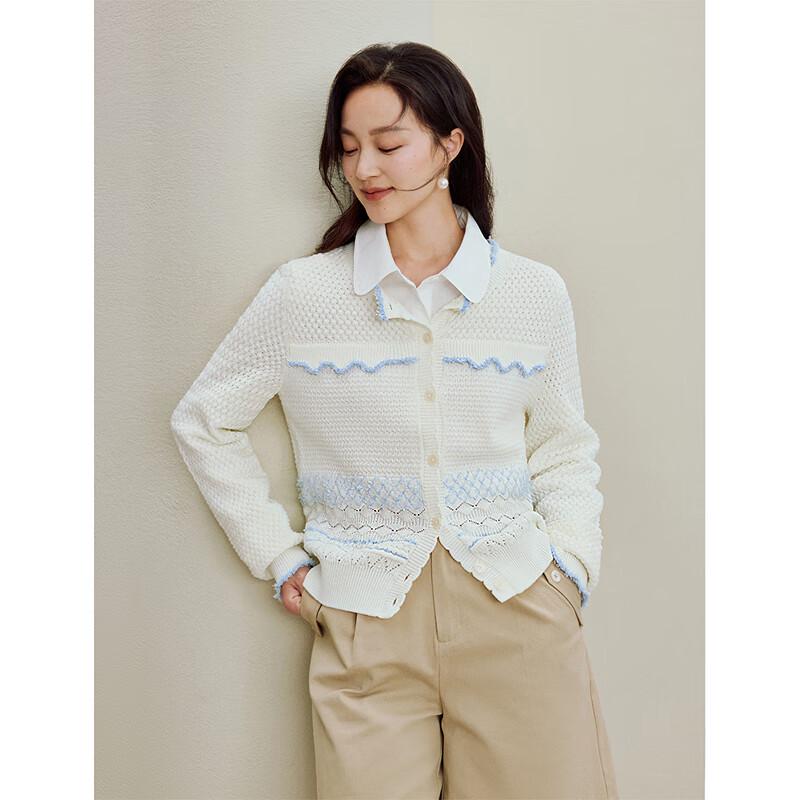 INMAN Women's Contrast Stripe Openwork Knit Cardigan