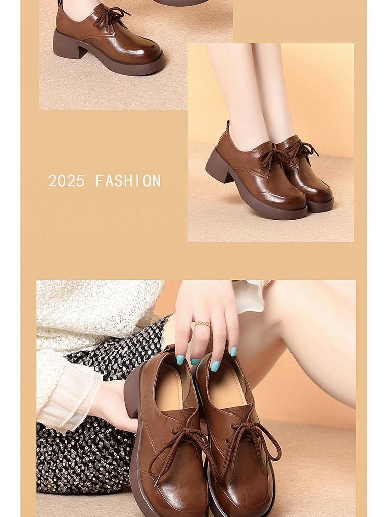 Neue Damen Echtleder Chunky Heel Schnür-Loafer - Britischer Stil, Runde Zehenpartie, Weiche Sohle, Rutschfest, Vielseitig für Frühling/Herbst