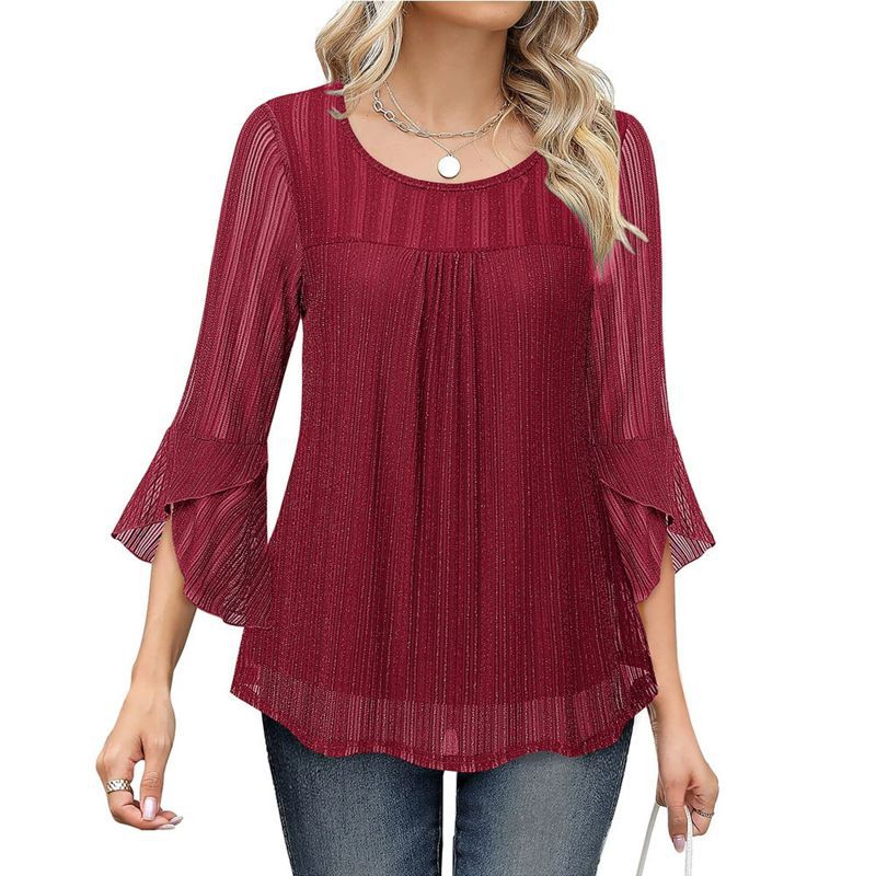 Women's Round Neck Ruffled Sleeve Mesh Top