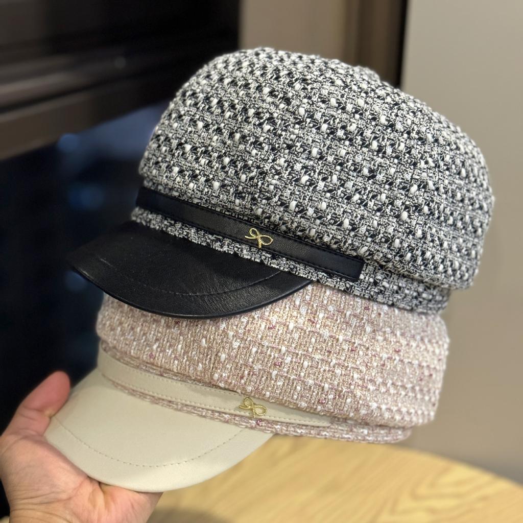 Autumn and Winter Tweed Leather Brim Octagonal Hat Three Dimensional and Stylish Newsboy Hat Elegant Peaked Hat Beret Trend