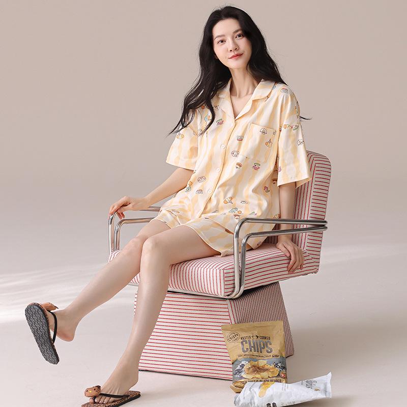

Women s Summer Cotton Pajama Set with Built-in Bra: Short-Sleeved Lapel Cardigan and Shorts, Wear Indoors or Outdoors. Women s M