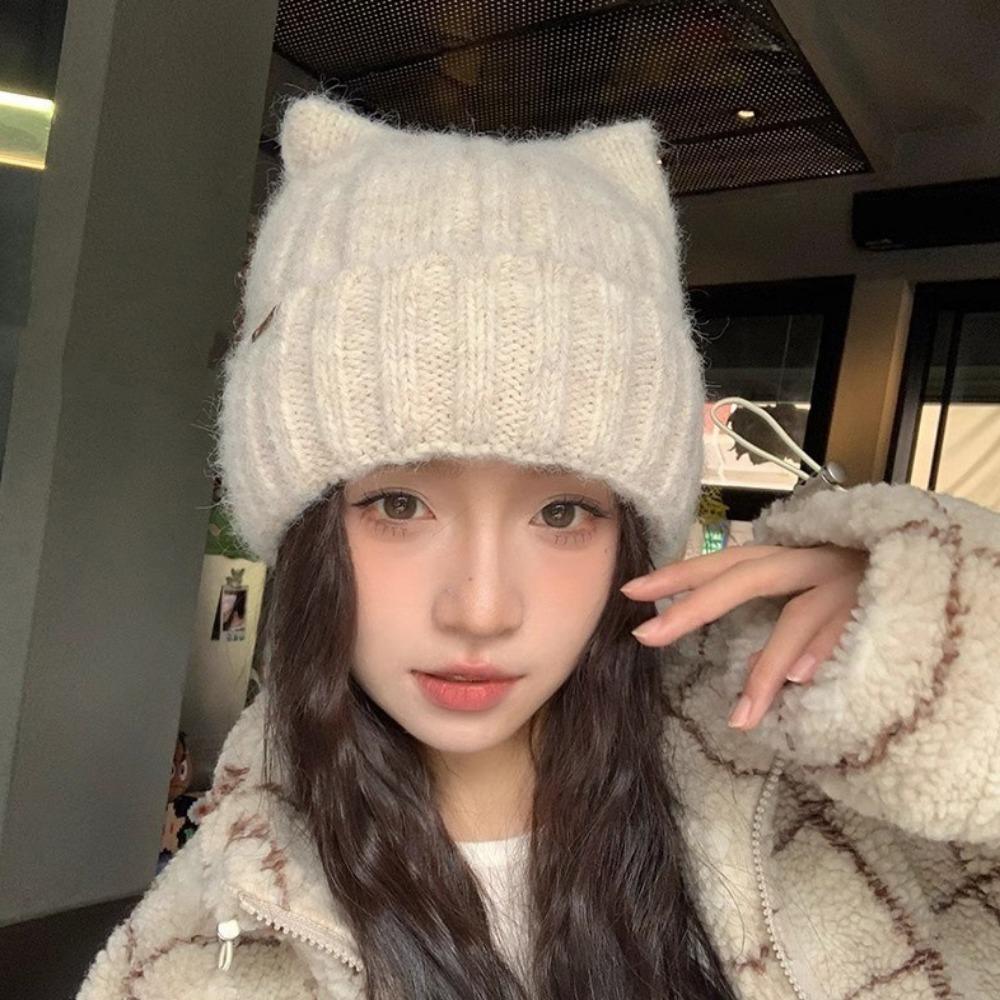 Solid Color Fleece-lined Warmth Knitted Beanies Hip Hop Anti-cold Winter Autumn Hats Outdoor Cat Ear Warm Ear Protection