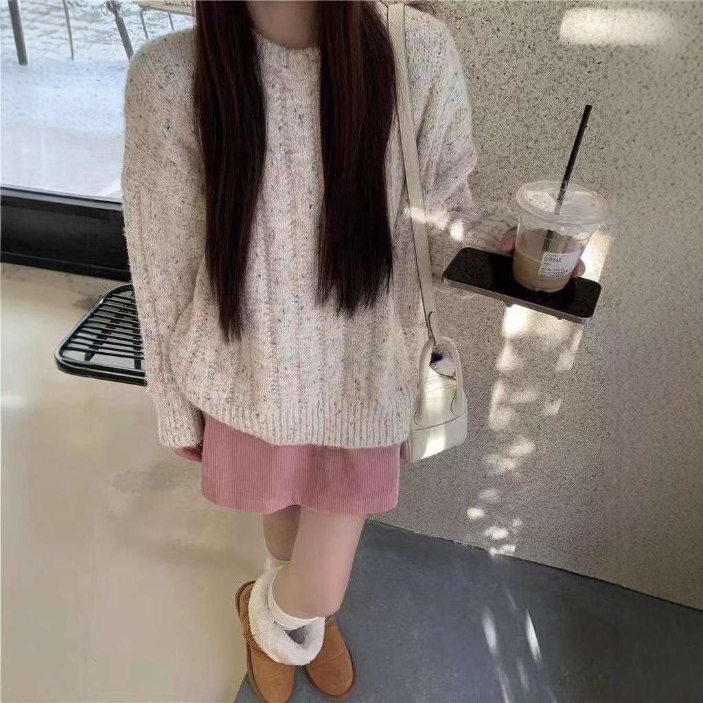 Autumn and winter new lazy wind round neck color thread mixed color knitted sweater loose soft waxy thin pullover sweater women