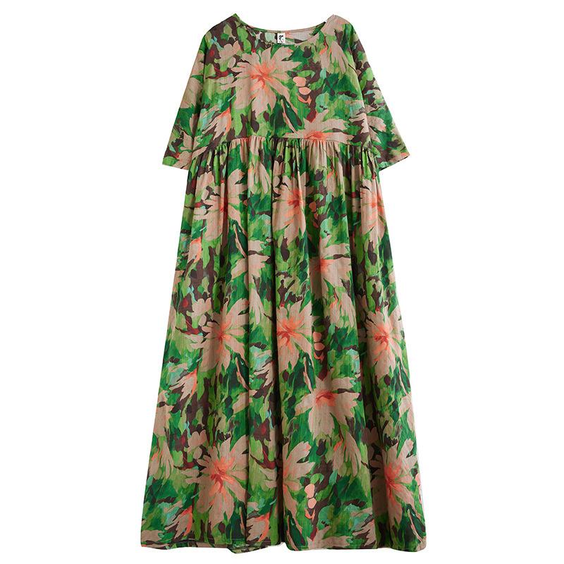 QICED Свободное Большого размера Ретро Хлопок и Лен Принт Тонкое Платье Лето Полная — фото 6