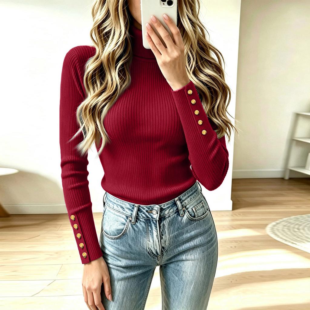 Women's High Neck Pullover Knit Sweater with Decorative Buttons - Casual Winter Fashion Top