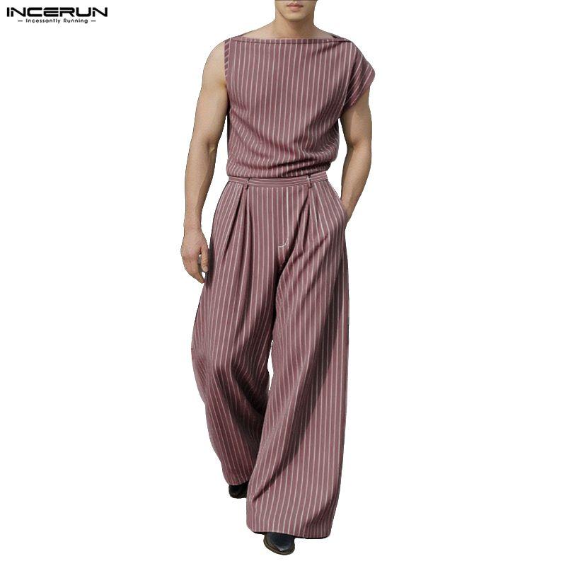 INCERUN Two Pieces Sets Men Casual Sleeveless Striped Tank Tops and Long Pants Trousers Outfits