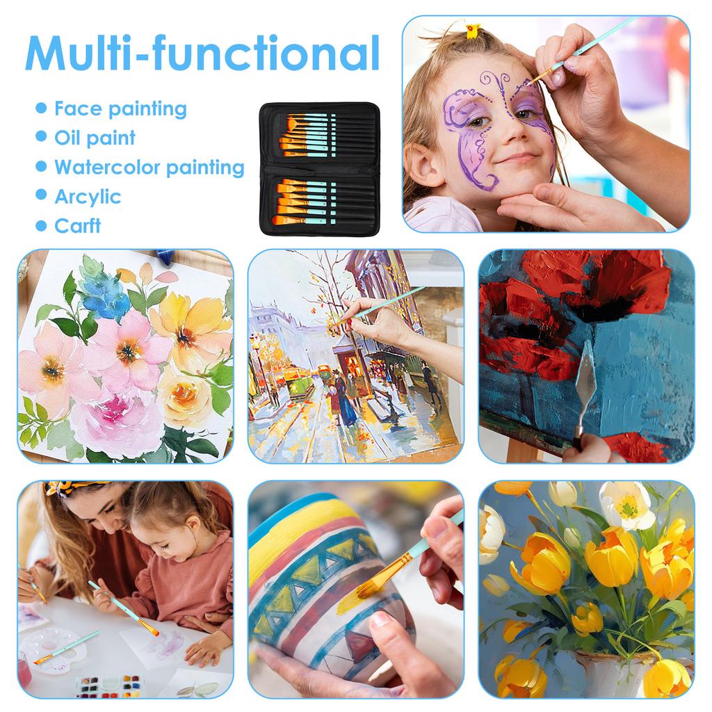 15Pcs Paint Brush Set Protable Nylon Hair Acrylic Painting Brush Kit with Storage Standable Case Palette Sponge Palette Knife