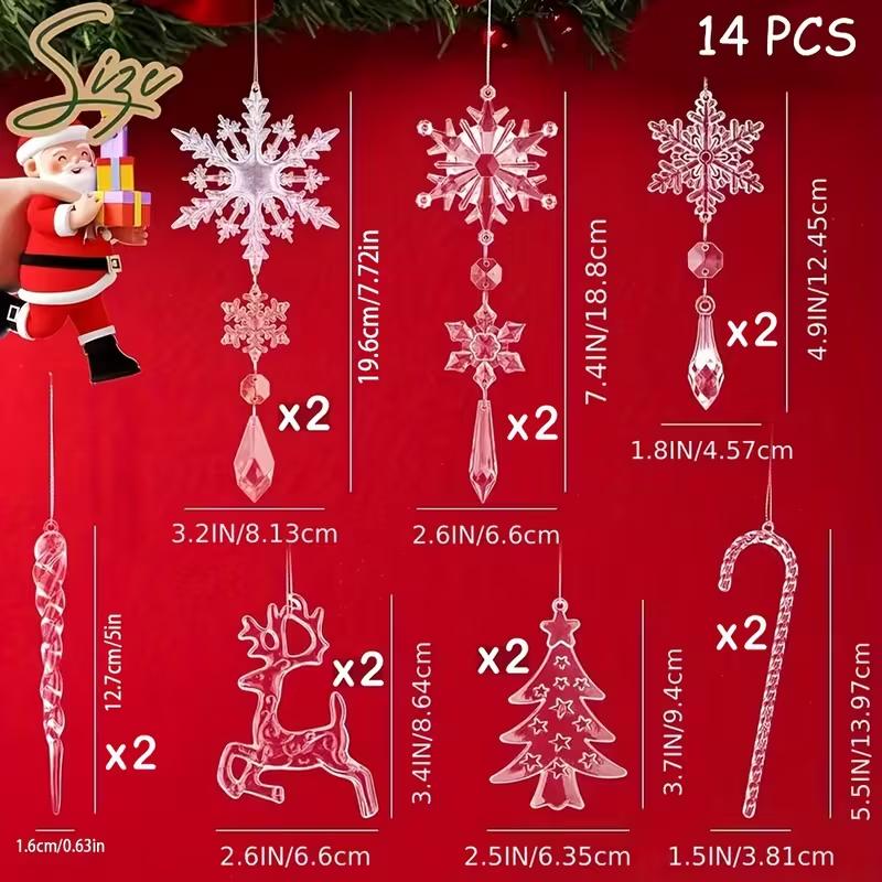 14 Stück Weihnachts-Acryl-Ornamente Set Klare Schneeflocke Eiszapfen Weihnachtsbaum Hängeanhänger Weihnachts-Heimdekoration Neujahrsgeschenke