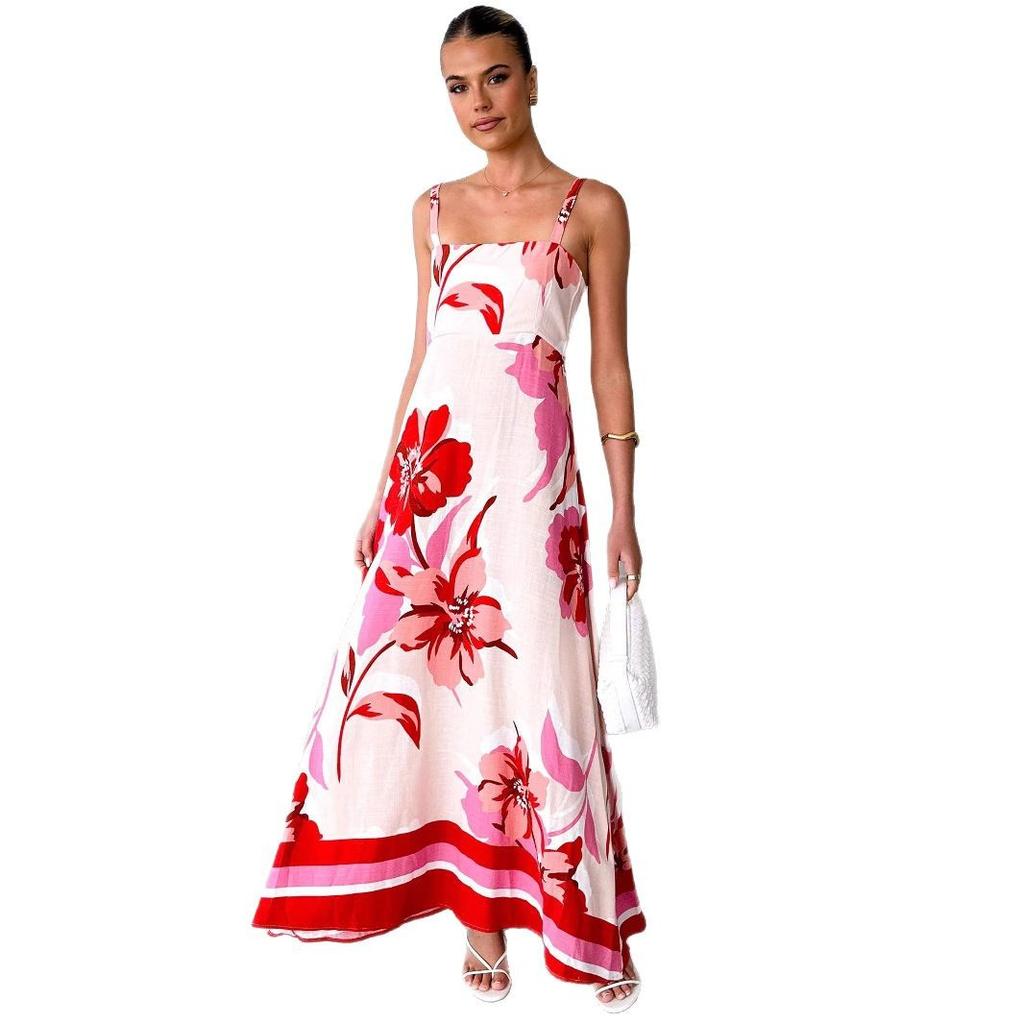 Womens Summer Boho Floral Dress Spaghetti Strap Square Neck Ruffle Casual Flowy A-Line Beach Swing Party Long Sundress Sleeveless Maxi Dress for Women