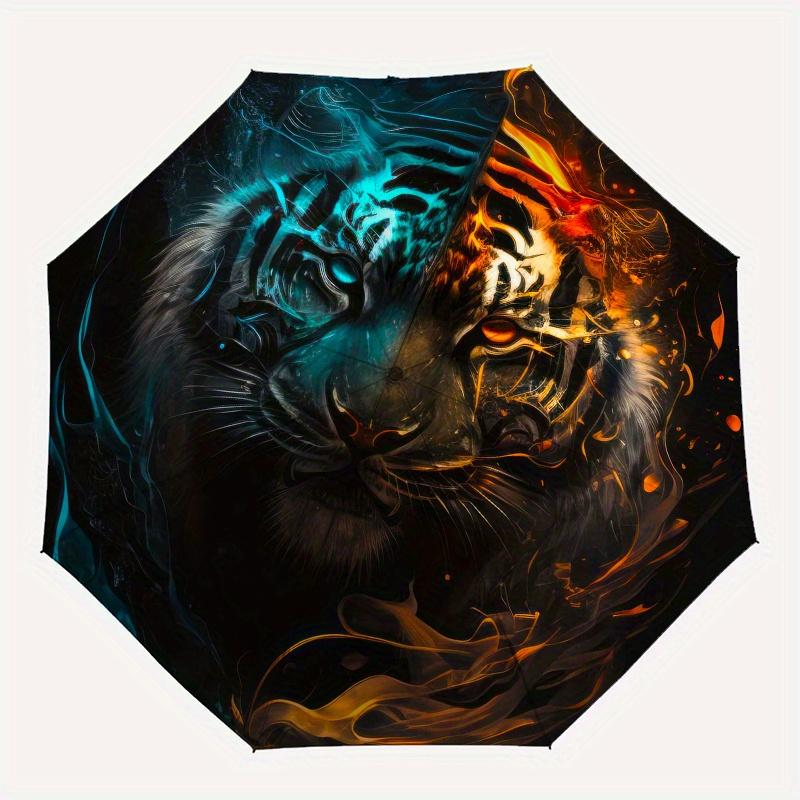"Flame & Ice Tiger: Unique Circular  Decor"Umbrella, Portable 3-Fold Compact Umbrella for Men & Women ES13