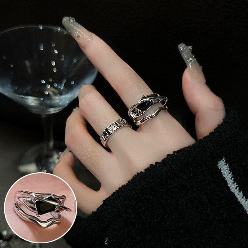 

Черное овальное открытое кольцо с серебряным покрытием S925 - Женская хип-хоп панк мода, Штабелируемый аксессуар на указательный палец Adjustable