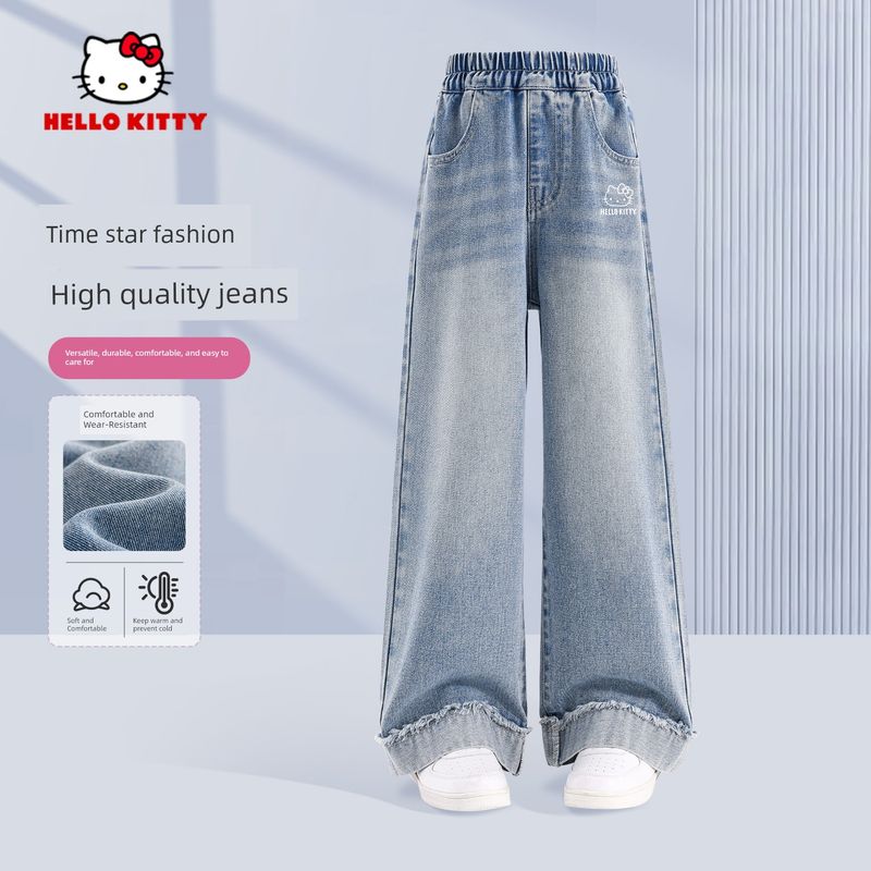 Hello Kitty Girls' Jeans Spring and Autumn 2026 New Children's Thin Pants Girls' Spring Long Pants
