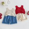 New Summer 0-5Yrs Baby Girls Clothing Sleeveless Knitted Hollow Vest Jeans Children Clothes Korean Style Kids Clothes Set