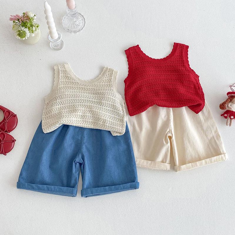 New Summer 0-5Yrs Baby Girls Clothing Sleeveless Knitted Hollow Vest Jeans Children Clothes Korean Style Kids Clothes Set