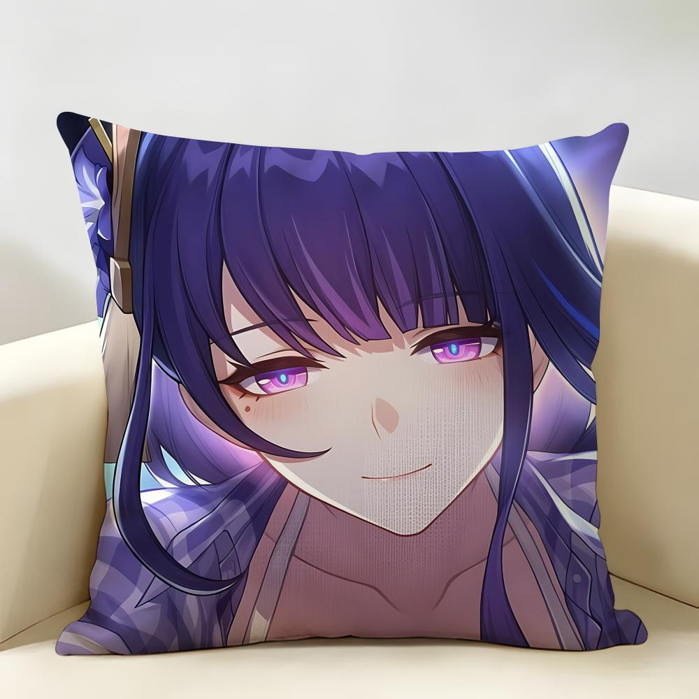 Raiden Shogun Genshin Impact Cushion Cover Natural Linen Organic Fabric DoubleSided Printing Room Sofa Decor Pillow Case