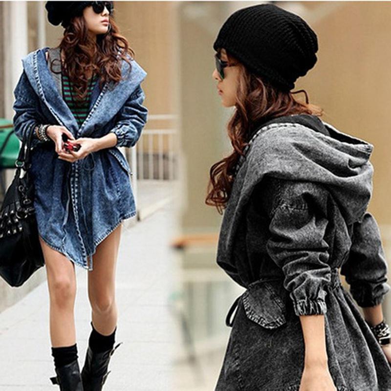 Buy Women Denim Trench Coat Hoodie Outerwear Hooded Jeans Coat Jacket ...