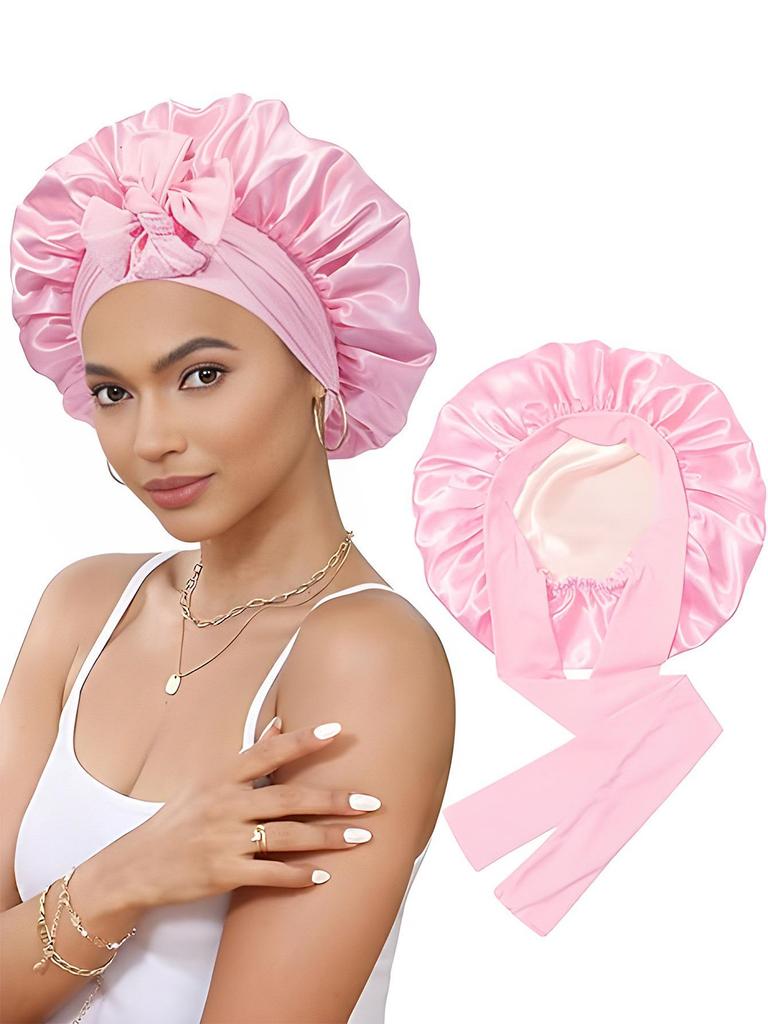 Double-Layer Satin Bow Tie Sleep Cap for Women - Reversible Bandana Style Bonnet for Hair Care