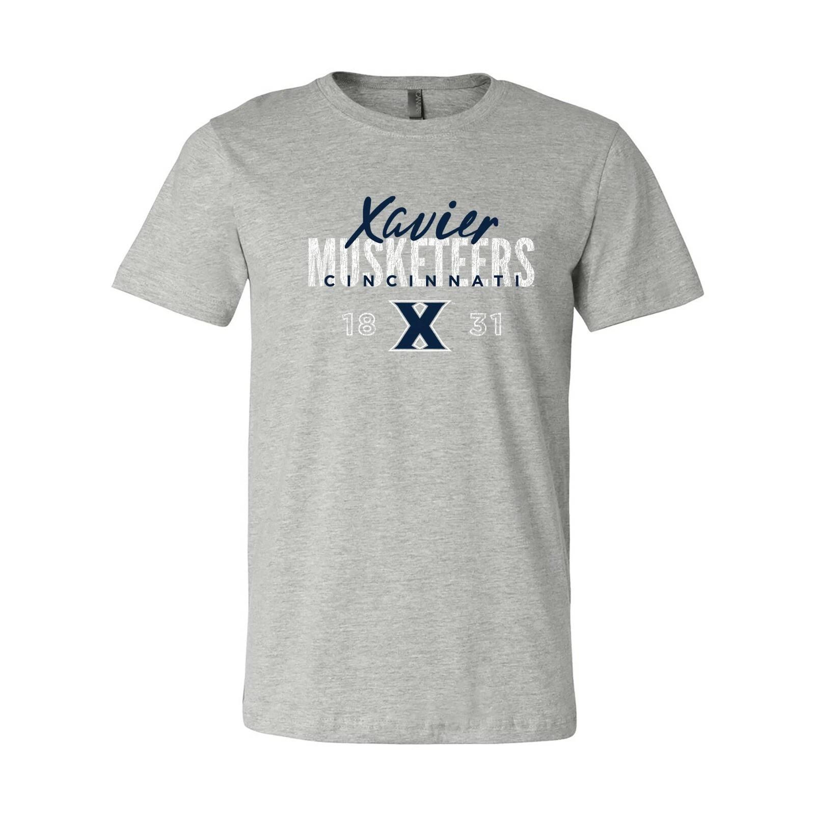 Xavier Musketeers Dist Block Script Logo T-Shirt - Athletic Heather 4XL