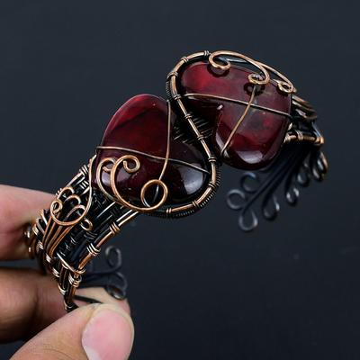 Red Flash Labradorite Gemstone Pure Copper Wire Wrapped Handmade Cuff/ Bangle Jewelry For Gift